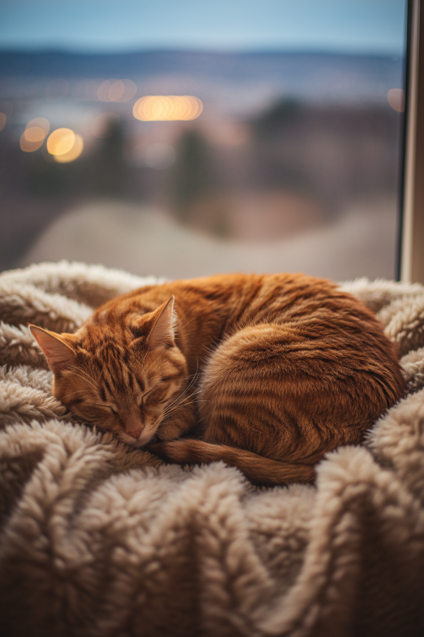 Сюжет: Крупный план спящего кота, свернувшегося клубочком на очень мягком, пушистом пледе у окна.

Детали: Кот полностью расслаблен, глаза плотно закрыты. Фокус на текстуре шерсти и ворсинках пледа. За окном — мягкий, размытый вечерний пейзаж или огни города.

Атмосфера: Тёплые, приглушенные тона, создающие ощущение абсолютной безопасности и домашнего тепла. по вертикали 