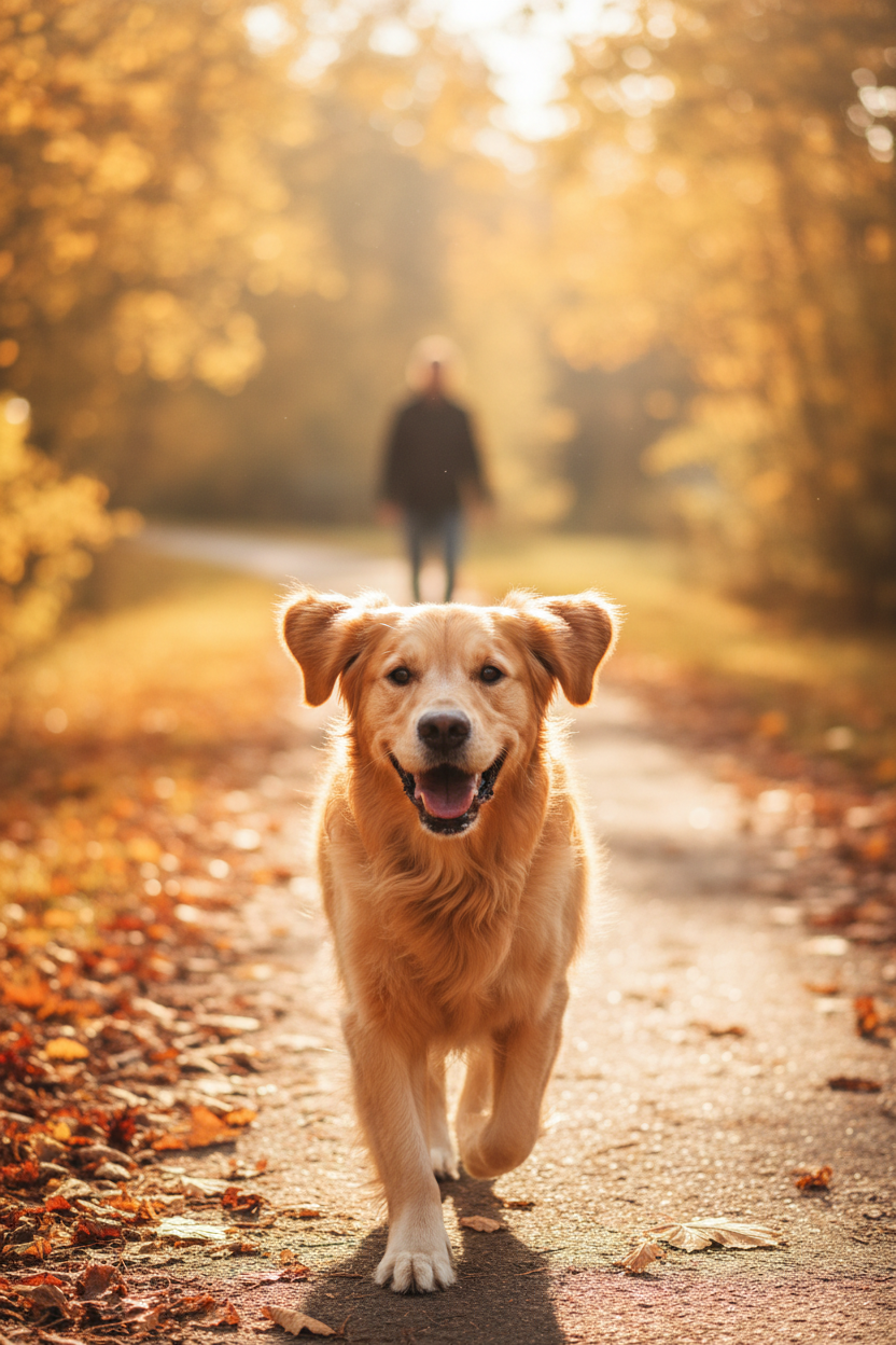 Сюжет: Крупный план счастливой собаки (например, золотистого ретривера), которая радостно бежит прямо на камеру по дорожке в осеннем парке. На заднем фоне, в мягком расфокусе, виден идущий хозяин.

Детали: У собаки развеваются уши от бега, глаза светятся радостью. Никаких поводков или ошейников — только ощущение свободы и прогулки.

Атмосфера: Яркое утреннее солнце, «контровой свет», который подсвечивает шерсть, создавая сияющий ореол. по вертикали 
