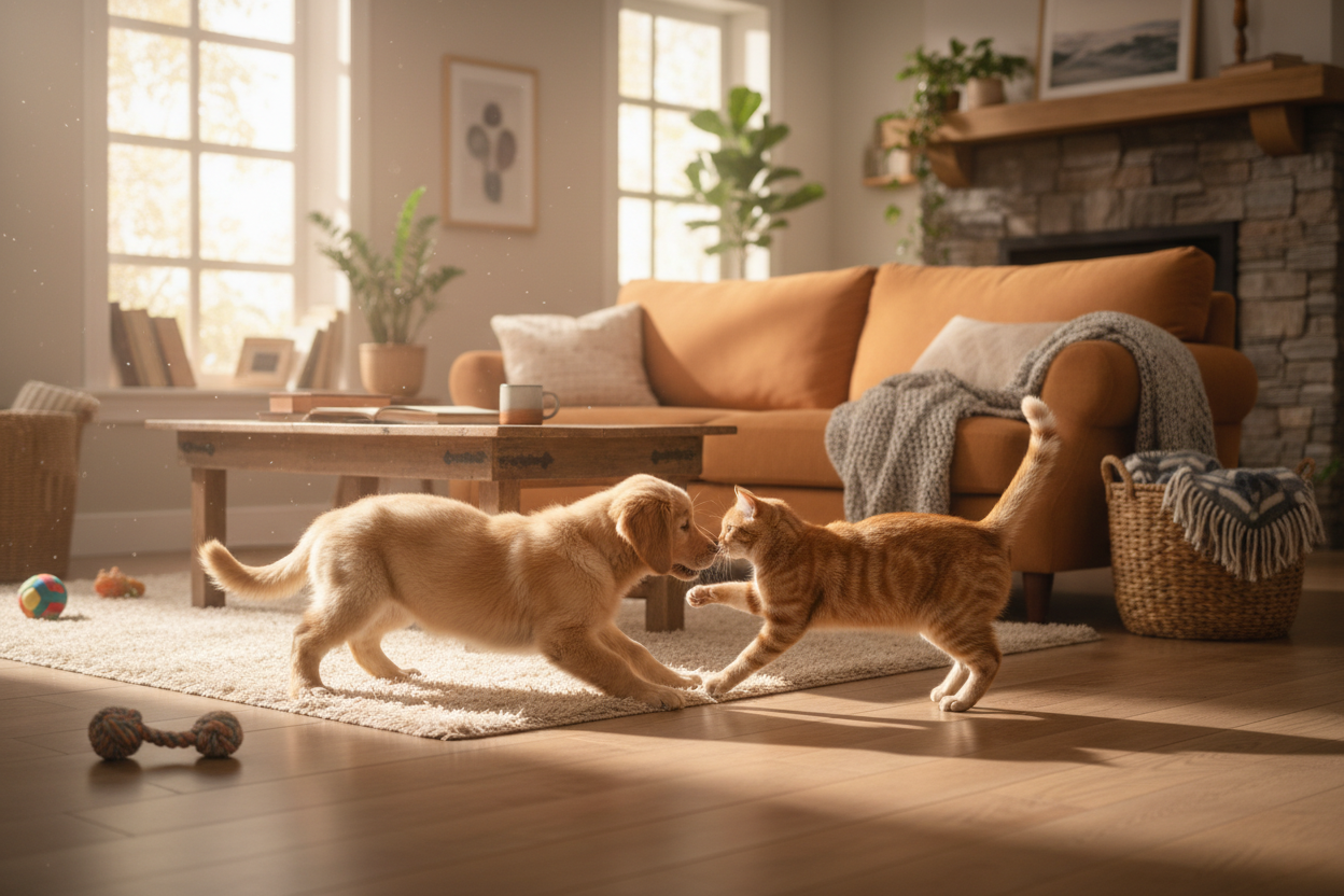 горизонтальна фотка где кот с собакой играются дома 